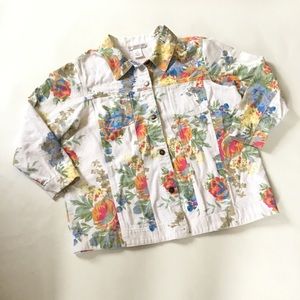 Susan Graver White Denim Floral Jacket Sz 1X VGUC